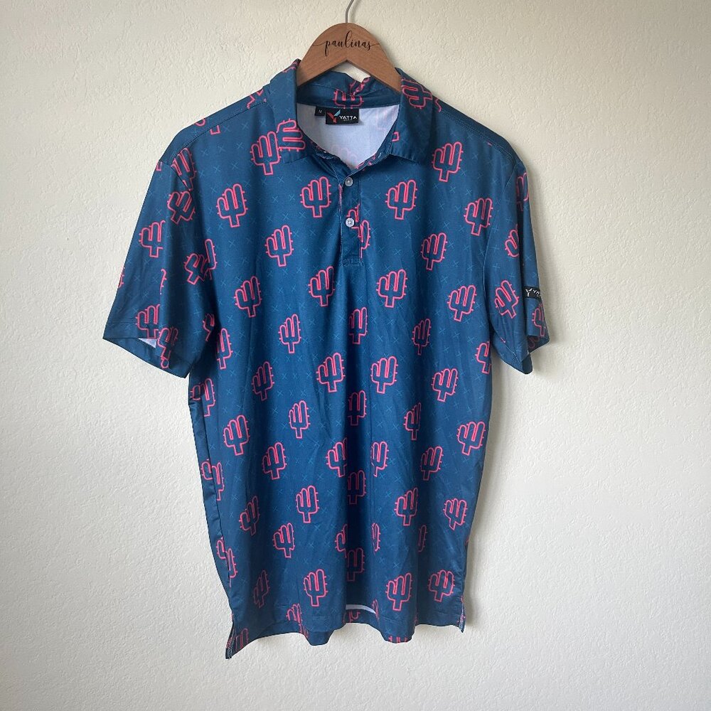 Yatta Shirt Mens Medium Blue Cactus Print Short Sleeve Quick Dry Golf Polo M